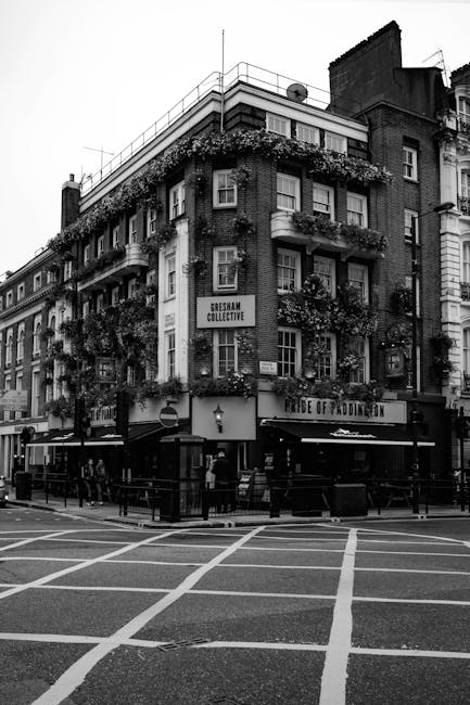 Black and white photograph of a multi-storey brick building on a city street, with several balconies adorned with planters and hanging flower boxes. The ground floor features a pub called 'Frieden of