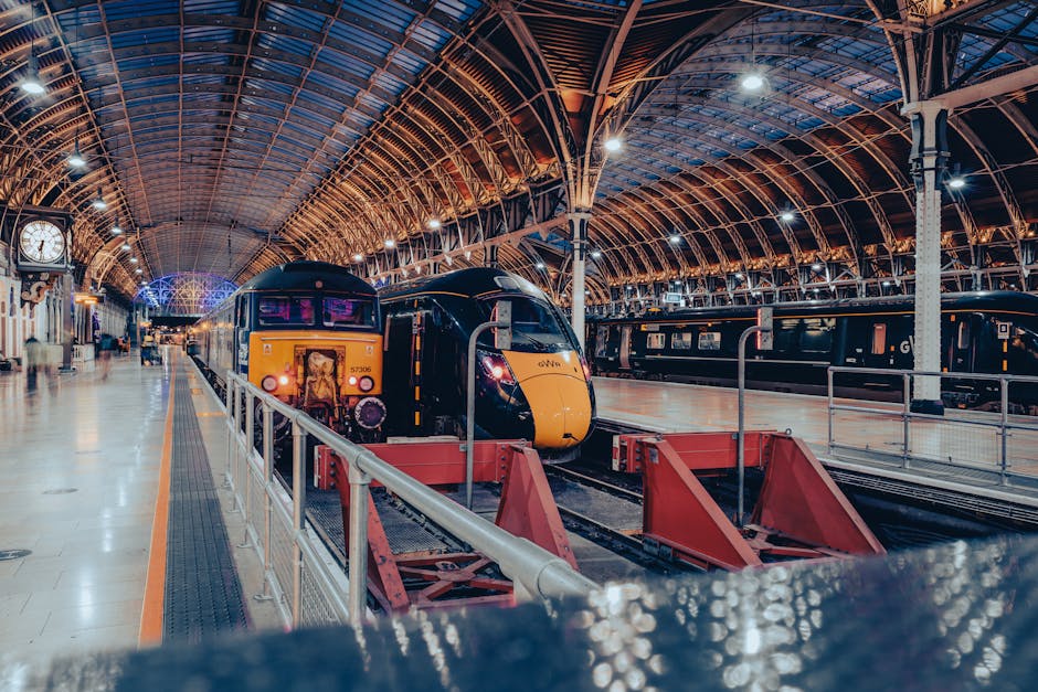 Inside a historic railway station with a high, arched ceiling made of metal and glass, brightly lit with artificial lighting. A modern black and yellow train is positioned on the platform, with its front facing the camera. To the left, a large football-shaped clock hangs from the ceiling, and a few passengers are visible walking along the platform. On the right side, there is another train parked parallel to the first, with dark exterior and multiple windows. The platform is clean, paved, and equipped with safety barriers and handrails. In the foreground, a red wheelbarrow with metal handles is partially visible, implying recent furniture or equipment transportation related to house removals or moving services. The scene depicts a typical transport hub suitable for coordinating home relocation, with an emphasis on the logistics of packing, loading, and moving goods through transport connections. Paddington Man and Van icons and some packaging materials may be subtly associated with this context.
